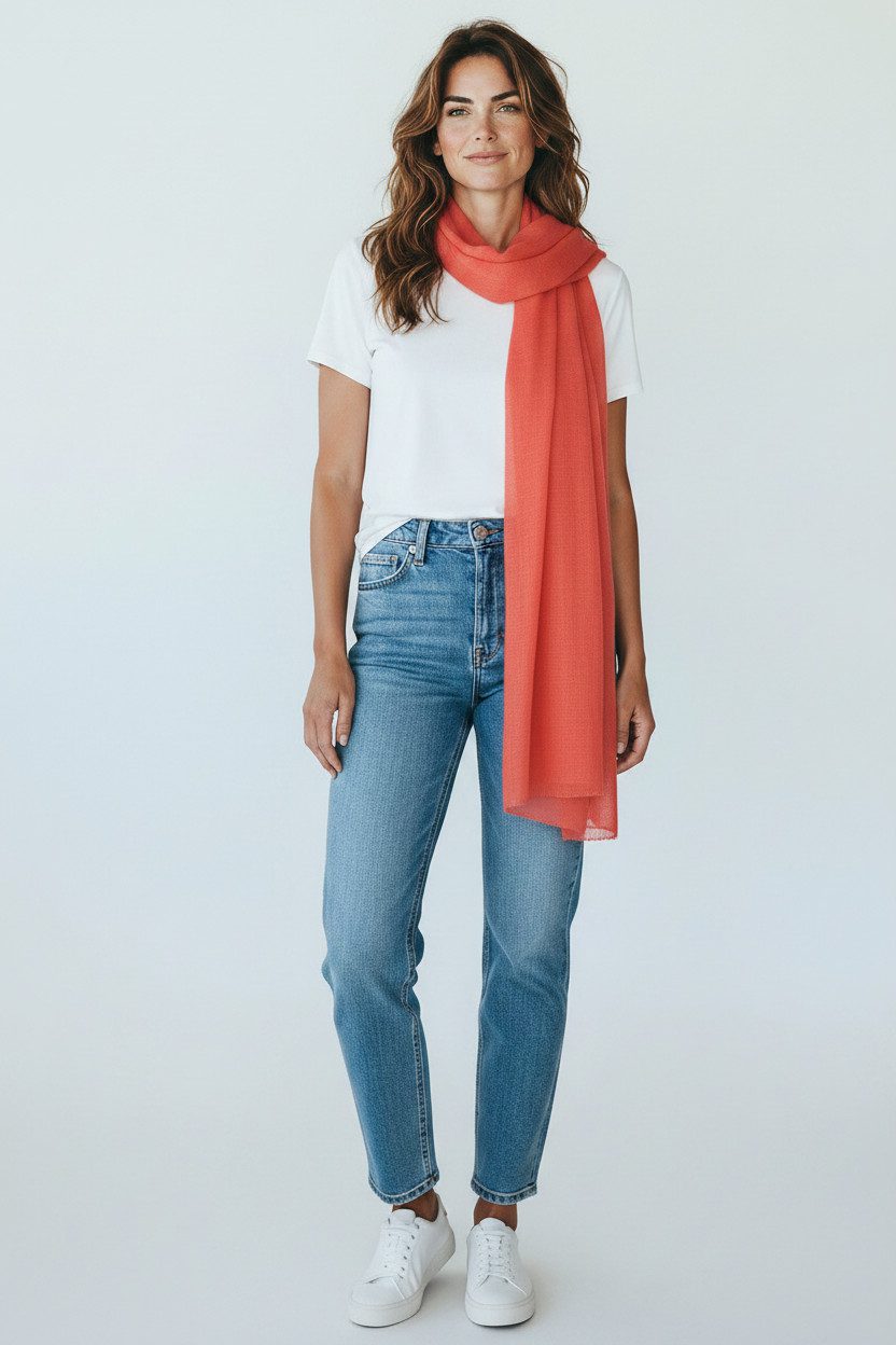 Femme portant une écharpe longue porté autour du cou en 100% laine douce et légère coloris corail