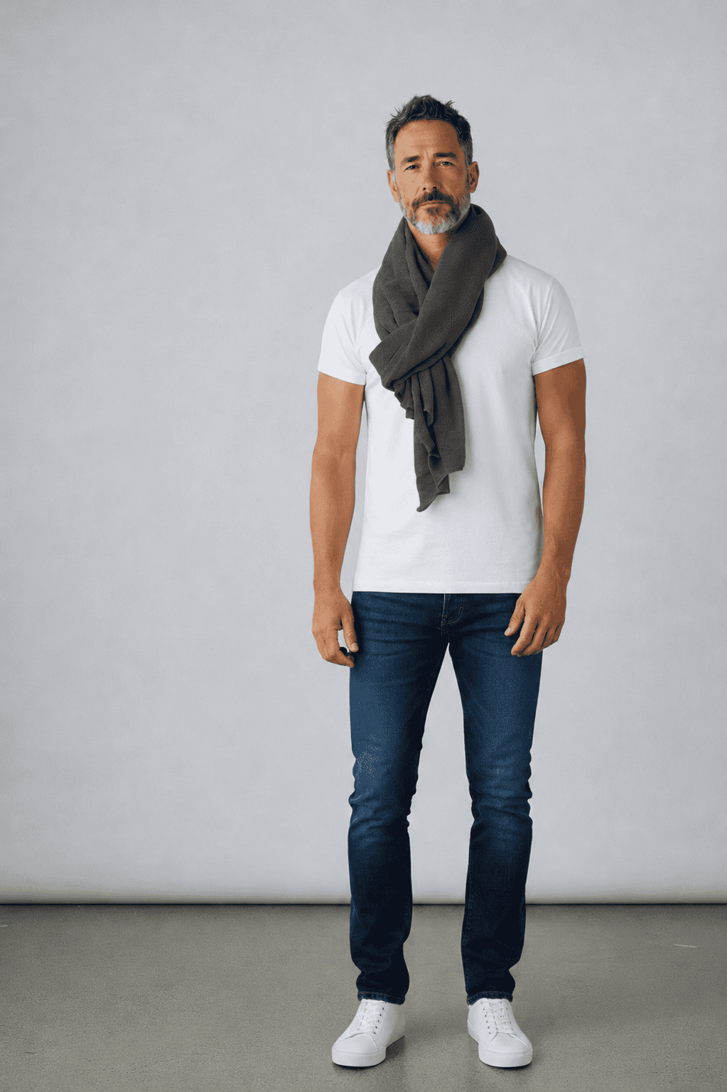 Homme portant une écharpe enroulée autour du cou et nouée sur le devant coloris gris anthracite